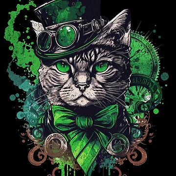 Steampunk Saint Patricks Day Cat Shamrock four leaf clover | Poster