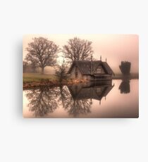 A Foggy Morning At The Boathouse On The Lake Canvas Print