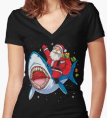 Santa Riding Shark T Shirt Christmas Gifts Galaxy Space Tees Women's Fitted V-Neck T-Shirt