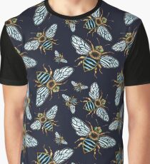 Lino Print Blue Banded Bee Graphic T-Shirt