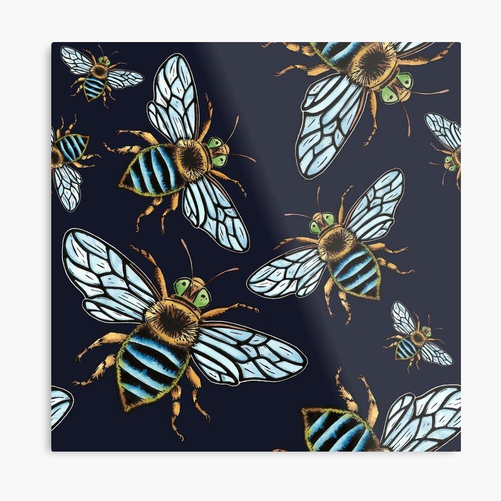 Lino Print Blue Banded Bee Metal Print