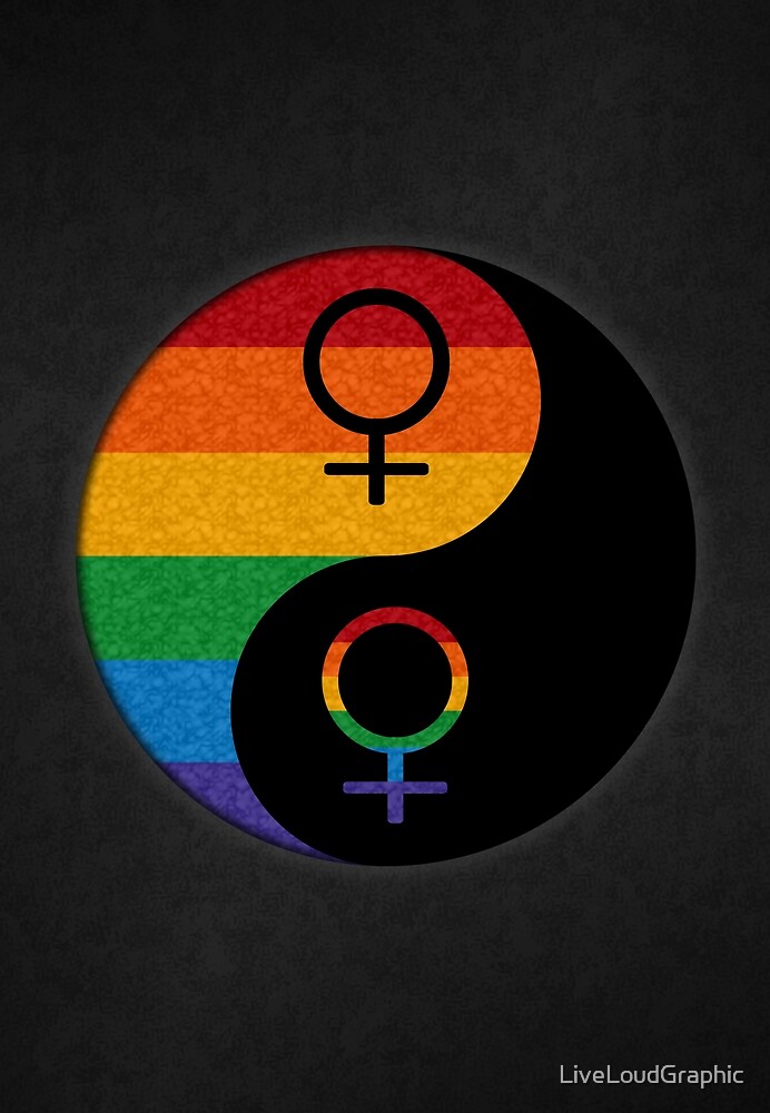 Rainbow Colored Lesbian Pride Yin and Yang with Female Gender Symbols by LiveLoudGraphic