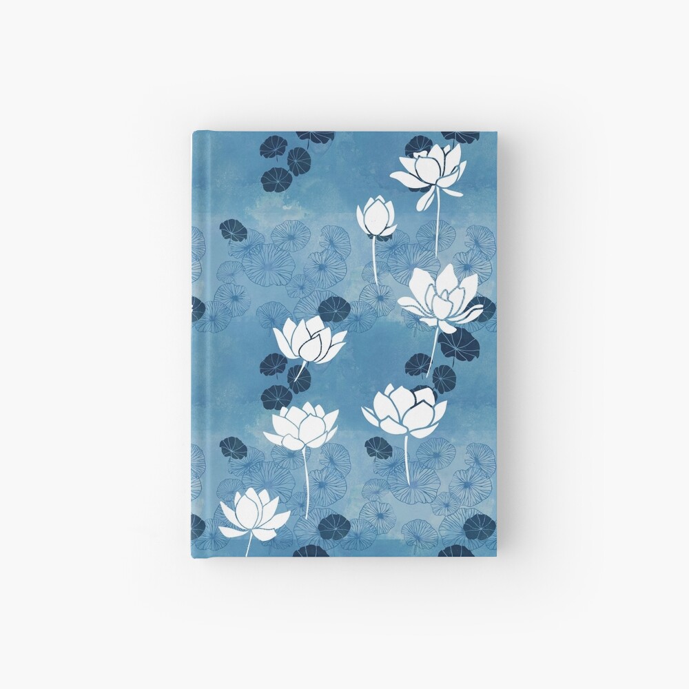 Pure zen waterlily pattern in blue and white Hardcover Journal