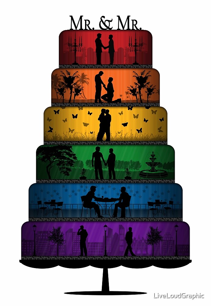 Gay Pride Wedding Cake with Rainbow Tiers by LiveLoudGraphic