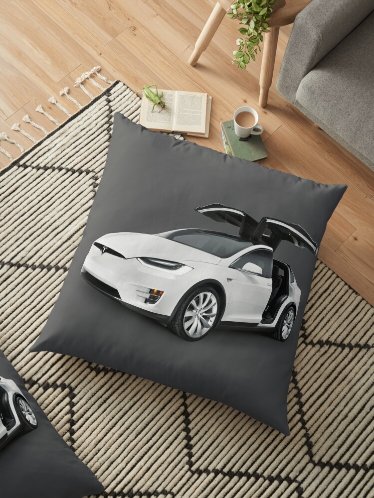 White 2017 Tesla Model X Luxury Suv Electric Car With Open Falcon Wing Doors Art Photo Print Floor Pillow By Artnudephotos