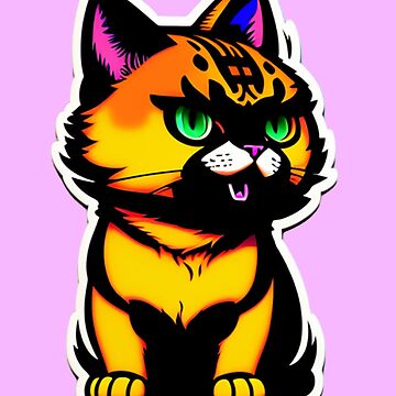 twin-yak944: crazy mad cartoon cat sticker, anime style, solid backgound  color