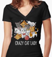Verrückte Katzen-Dame T Shirt Lustiges Katzen-Miezekatze-Kätzchen Meme Geschenke T-Shirt für Katzen-Liebhaber Tailliertes T-Shirt mit V-Ausschnitt