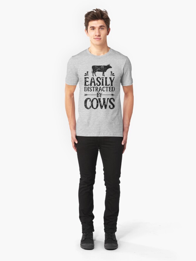 Alternate view of Easily Distracted By Cows Shirt Funny Farming Farm Gifts T-shirt for Farmers or Cow Lovers Slim Fit T-Shirt