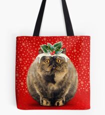 Funny Fat Christmas Pudding Cat Tote Bag