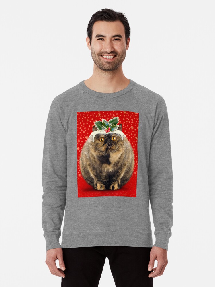 Funny Fat Christmas Pudding Cat Lightweight Sweatshirt By