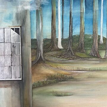 Impression rigide for Sale avec l'œuvre « Maison en bois dans la forêt,  avec des arbres, de l'herbe et des cieux bleus Peinture à l'aquarelle et à  l'encre par Robert Dillon »