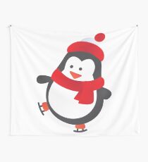 Cute Penguin on Ice Skates Wall Tapestry