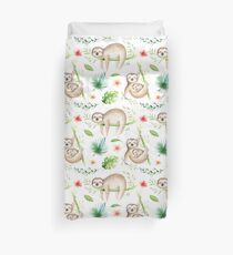 Modern hand painted green brown watercolor tropical floral sloth Duvet Cover