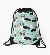 Welsh Corgi tri colored coffee lover dog gifts for corgis cafe latte pupuccino corgi crew Drawstring Bag
