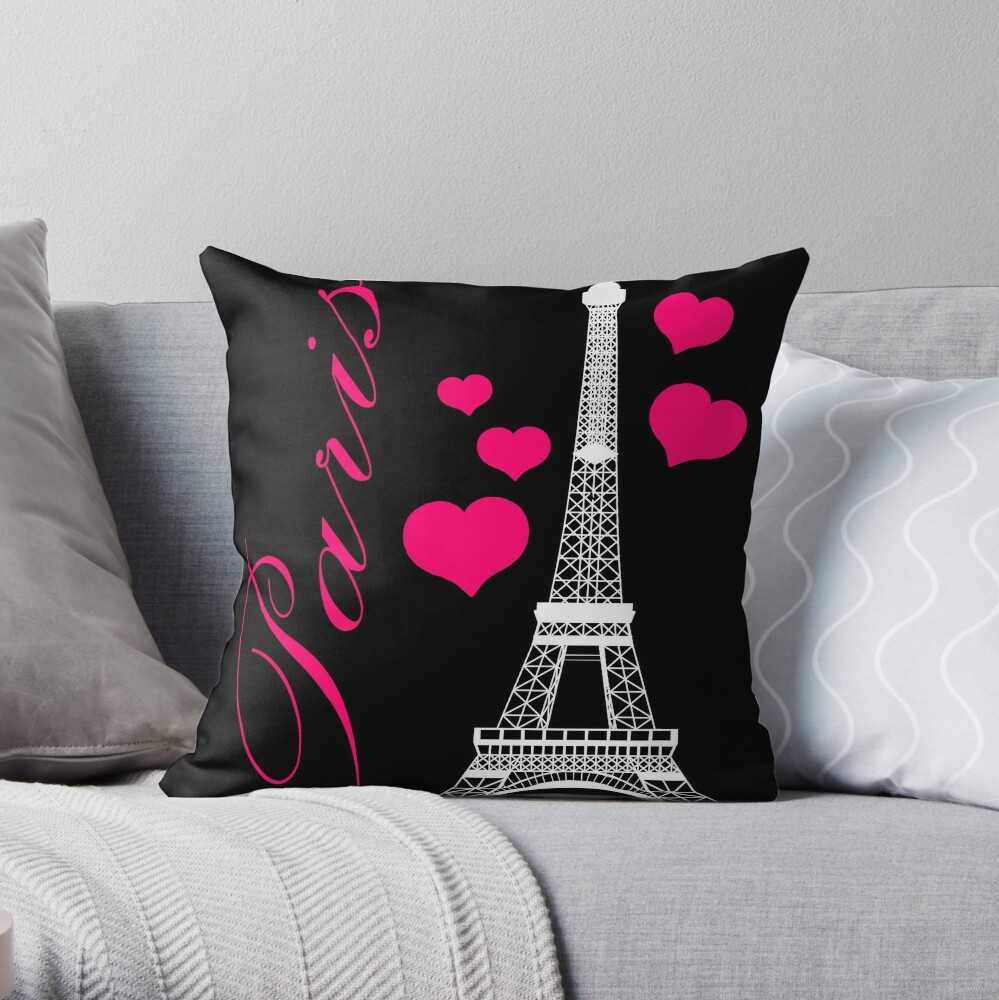 Paris Eiffel Tower Pink Black Throw Pillow