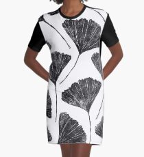 Ginkgo biloba, Lino cut nature inspired leaf pattern Graphic T-Shirt Dress