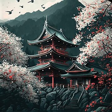 Japanese Garden Original Watercolor and Ink Landscape Painting Urban  Sketching Architecture Flowering Trees Pagoda Small Format Art 