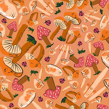 Artwork thumbnail, Mushroom Mania cute shroom & ladybug cottagecore pattern in orange palette by BethHempton