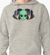 Colorful vibrant portrait of an alien from outer space face in disguise as human girl. Pullover Hoodie