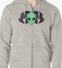 Colorful vibrant portrait of an alien from outer space face in disguise as human girl. Zipped Hoodie