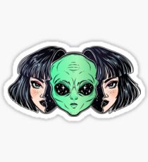 Colorful vibrant portrait of an alien from outer space face in disguise as human girl. Sticker