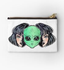 Colorful vibrant portrait of an alien from outer space face in disguise as human girl. Studio Pouch