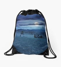 village on hillside meadow at night Drawstring Bag