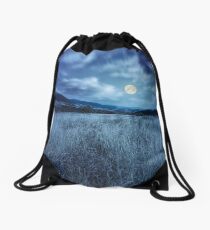 meadow with high grass in mountains at night Drawstring Bag