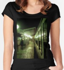 Old train at night in empty station green square Hasselblad medium format film analog photograph Women's Fitted Scoop T-Shirt