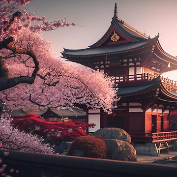 Cherry Blossom Serenity: A Stunning Japanese Temple with a Blossoming Tree  | Poster