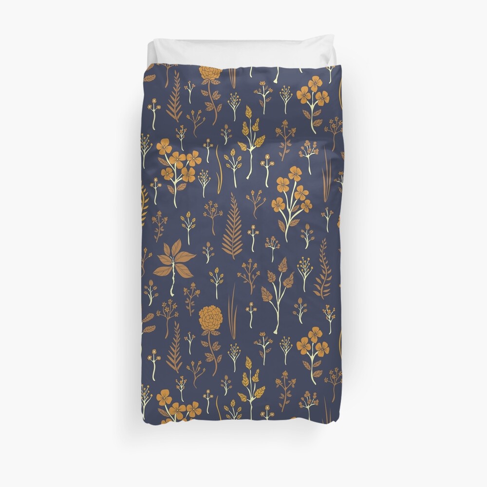 "Navy Blue & Mustard Yellow Floral Pattern" Duvet Cover by