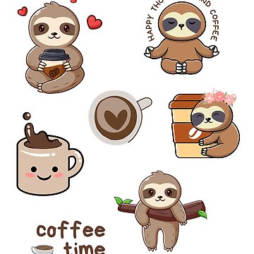 Cute Adorable Kawaii Happy Chibi Sloth with Coffee Cartoon