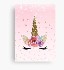 Floral Unicorn Horn & Gold Confetti Metal Print