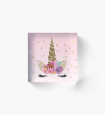 Floral Unicorn Horn & Gold Confetti Acrylic Block