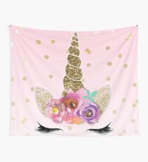 Floral Unicorn Horn & Gold Confetti Wall Tapestry