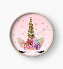 Floral Unicorn Horn & Gold Confetti Clock