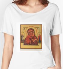 RUSSIAN ICON OF THE MOTHER OF GOD FEODOROWSKAYA WITH SAINTS Women's Relaxed Fit T-Shirt