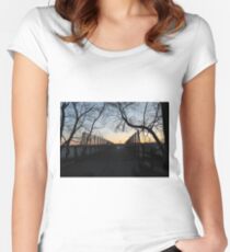 Evening, sunset, evening dawn, footbridge, tree branches, sky Women's Fitted Scoop T-Shirt