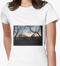 Evening, sunset, evening dawn, footbridge, tree branches, sky Women's Fitted T-Shirt