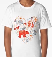 Fairy-tale forest. Fox, bear, raccoon, owls, rabbits, flowers and herbs on a blue background. Long T-Shirt