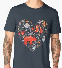 Fairy-tale forest. Fox, bear, raccoon, owls, rabbits, flowers and herbs on a blue background. Men's Premium T-Shirt