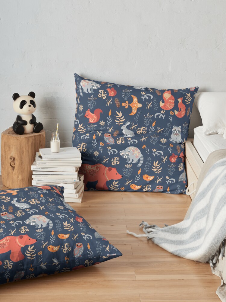 Alternate view of Fairy-tale forest. Fox, bear, raccoon, owls, rabbits, flowers and herbs on a blue background. Floor Pillow
