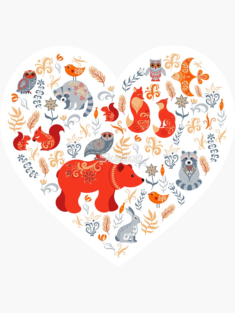 Fairy-tale forest. Fox, bear, raccoon, owls, rabbits, flowers and herbs on a blue background. by Skaska
