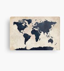 World Map Distressed Navy Metal Print