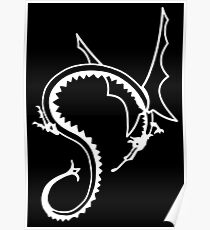 Curled Dragon - White on Black Poster