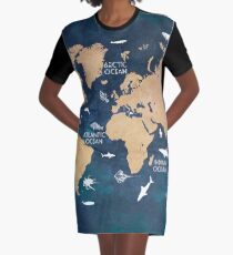 Oceans Life World Map blue Graphic T-Shirt Dress