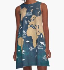 Oceans Life World Map blue A-Line Dress