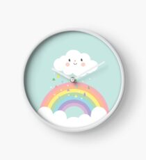 Rainbow Happy Little Cloud Pastel Rain and Sunshine Baby Nursery Art Print Canvas Design Clock