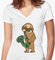 Cool Sloth Playing Saxophone Cartoon Women's Fitted V-Neck T-Shirt