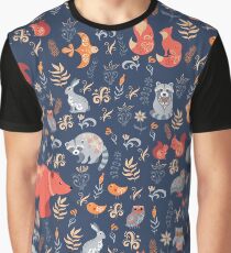 Fairy-tale forest. Fox, bear, raccoon, owls, rabbits, flowers and herbs on a blue background. Graphic T-Shirt